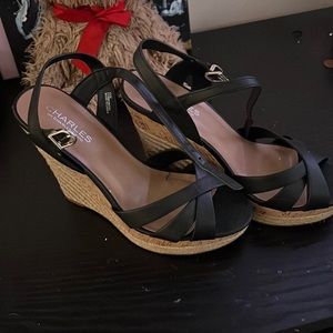Selling black and tan wedges!